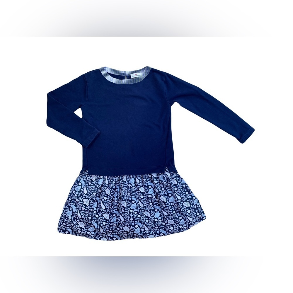 Vineyard Vines Navy and Light Blue Floral Drop-Waist Dress